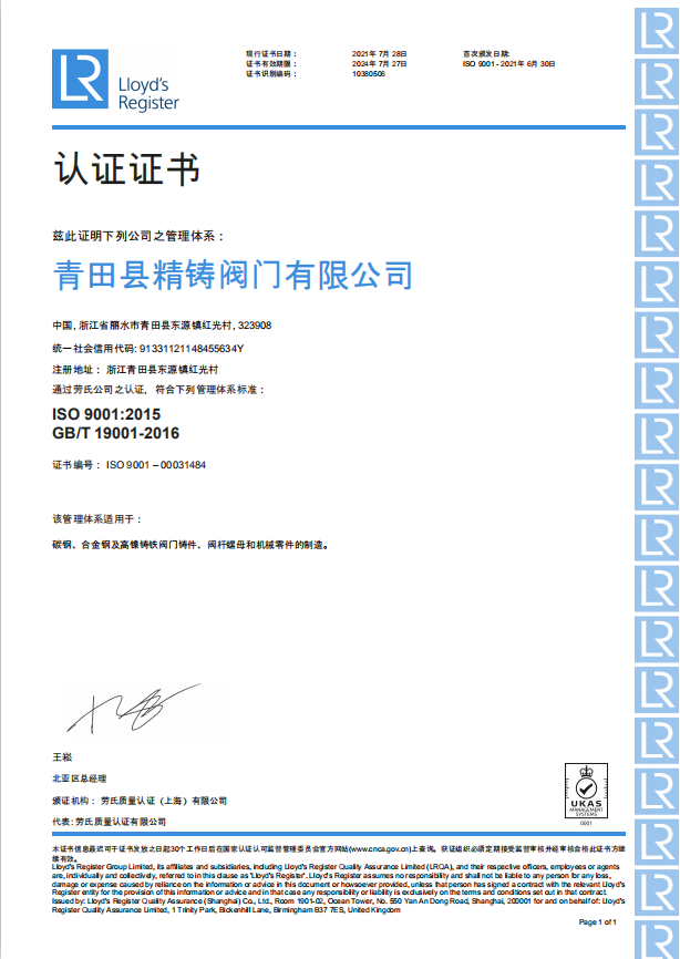 熱烈祝賀青田精鑄通過英國勞氏ISO 9001:2015 GB/T 19001-2016認(rèn)證